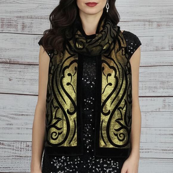 Style & Co Retro Scarf Black Velvet Gold Metallic Whimsigoth Shimmer Holiday NWT - Picture 7 of 10